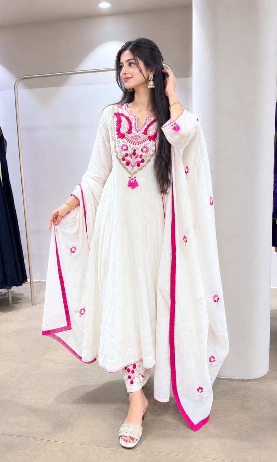 White & Pink Embroidered Anarkali Kurta Pant Dupatta Set for Women