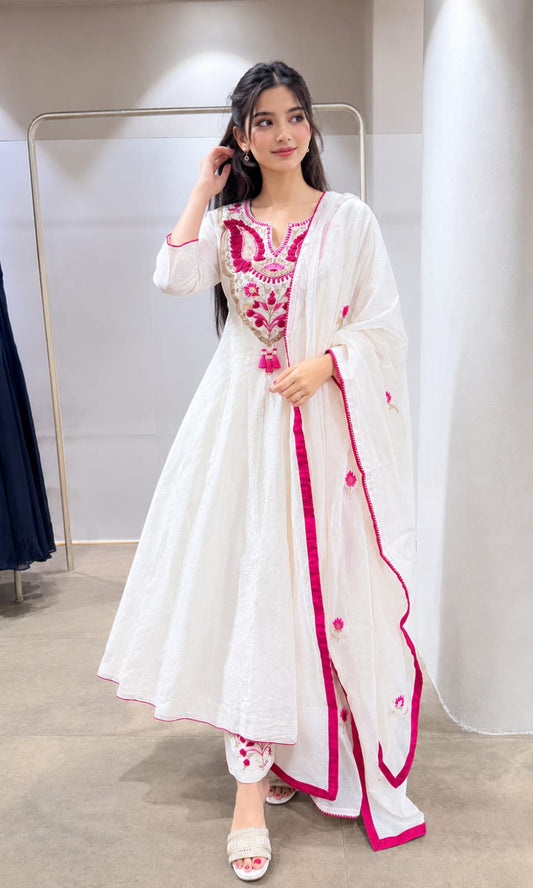 White & Pink Embroidered Anarkali Kurta Pant Dupatta Set for Women