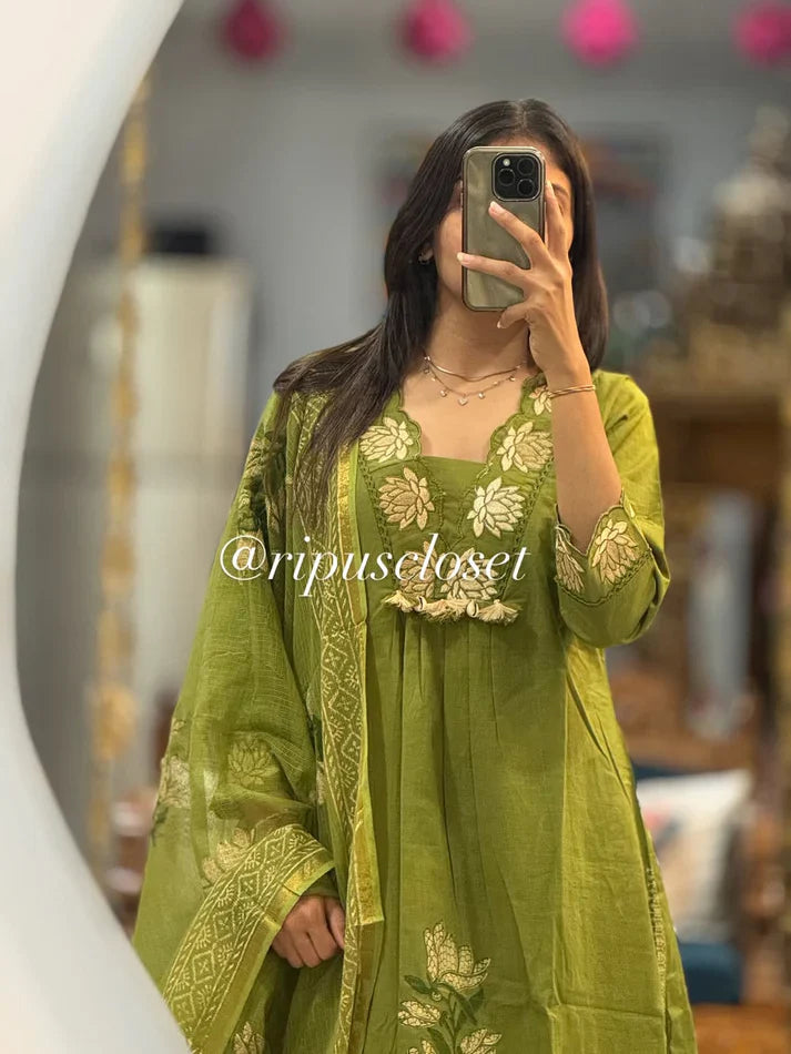 Green Floral Embroidered Kurta Set with Dupatta