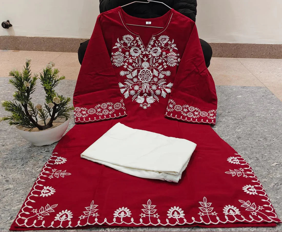 Embroidery Maroon Cotton Kurta Set with Palazzo Pants