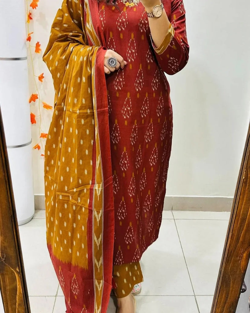 Maroon Mustard Ikkat Print Kurta Set with Dupatta for Women