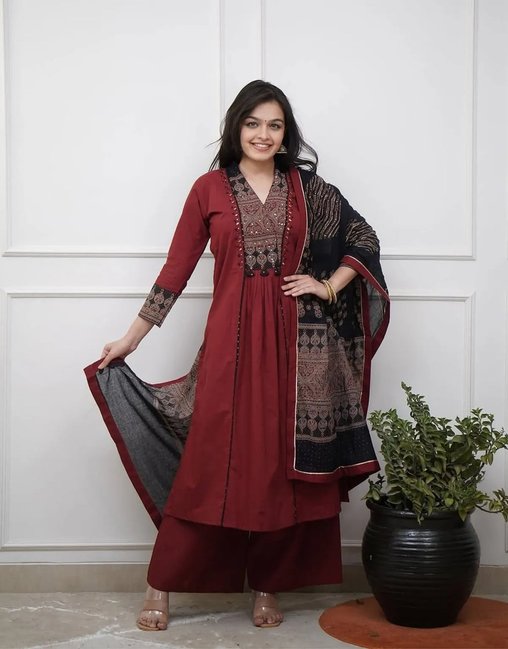 Women’s Maroon Cotton Kurta Pant Set with Embroidered Yoke & Printed Dupatta