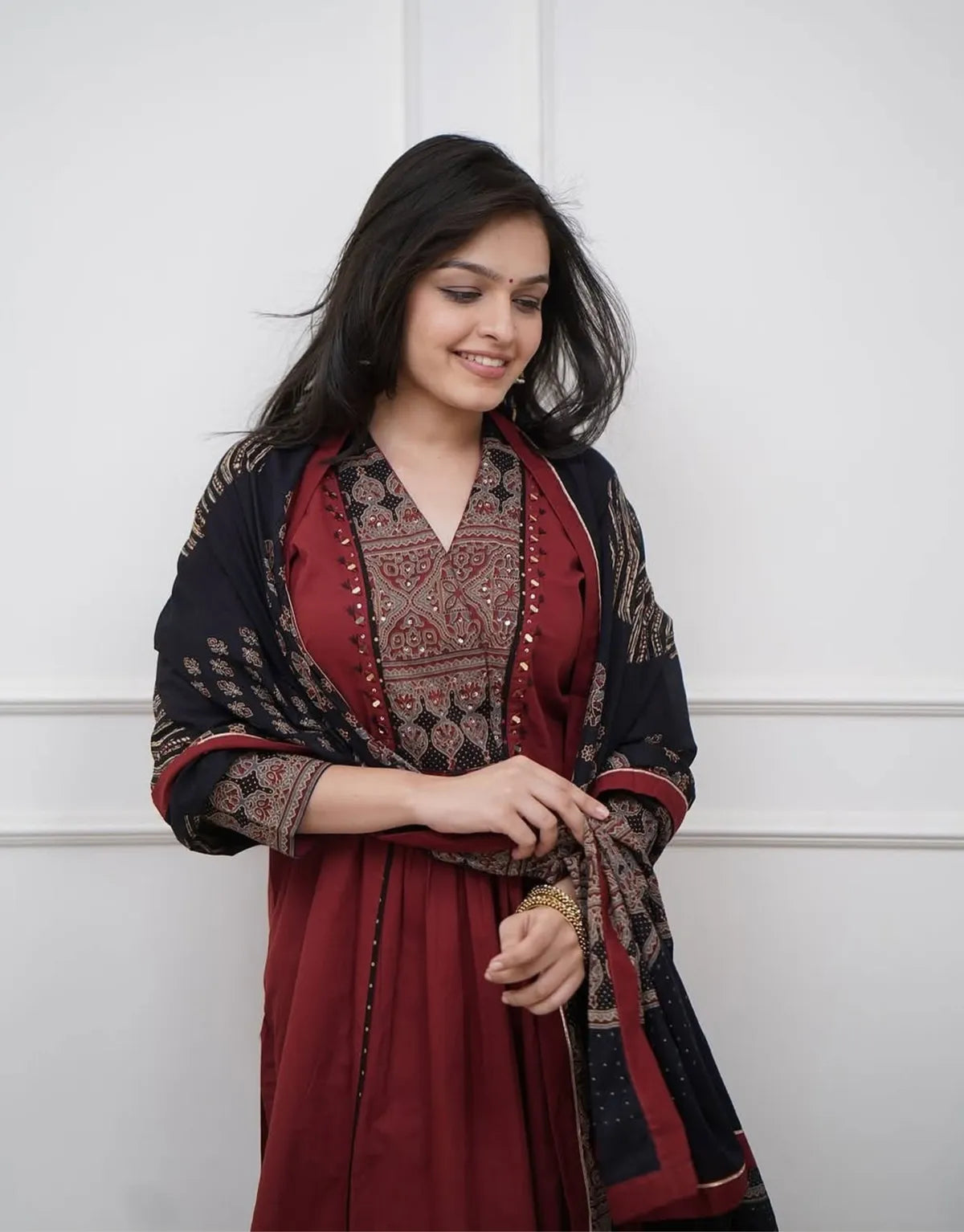 Women’s Maroon Cotton Kurta Pant Set with Embroidered Yoke & Printed Dupatta