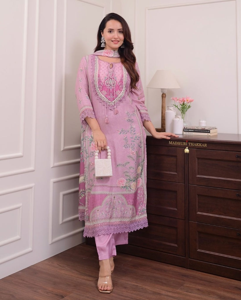 Dreamy Lavender Floral Print Kurta Set with Lace Border & Matching Dupatta