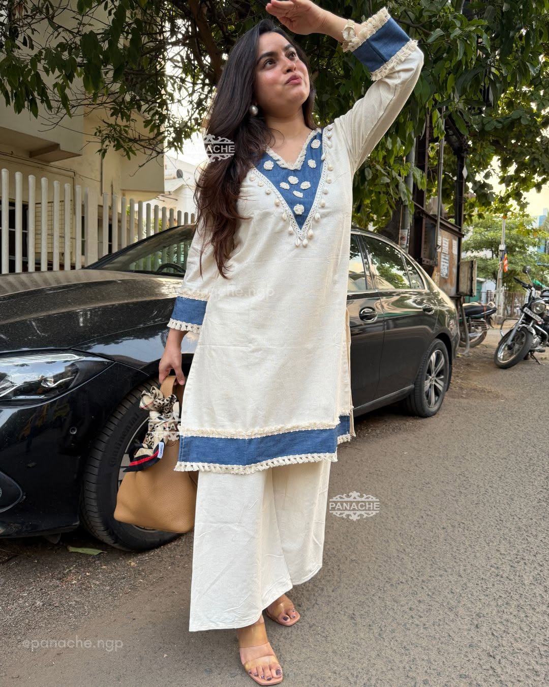 White and Blue Embroidered Kurta Pant Set