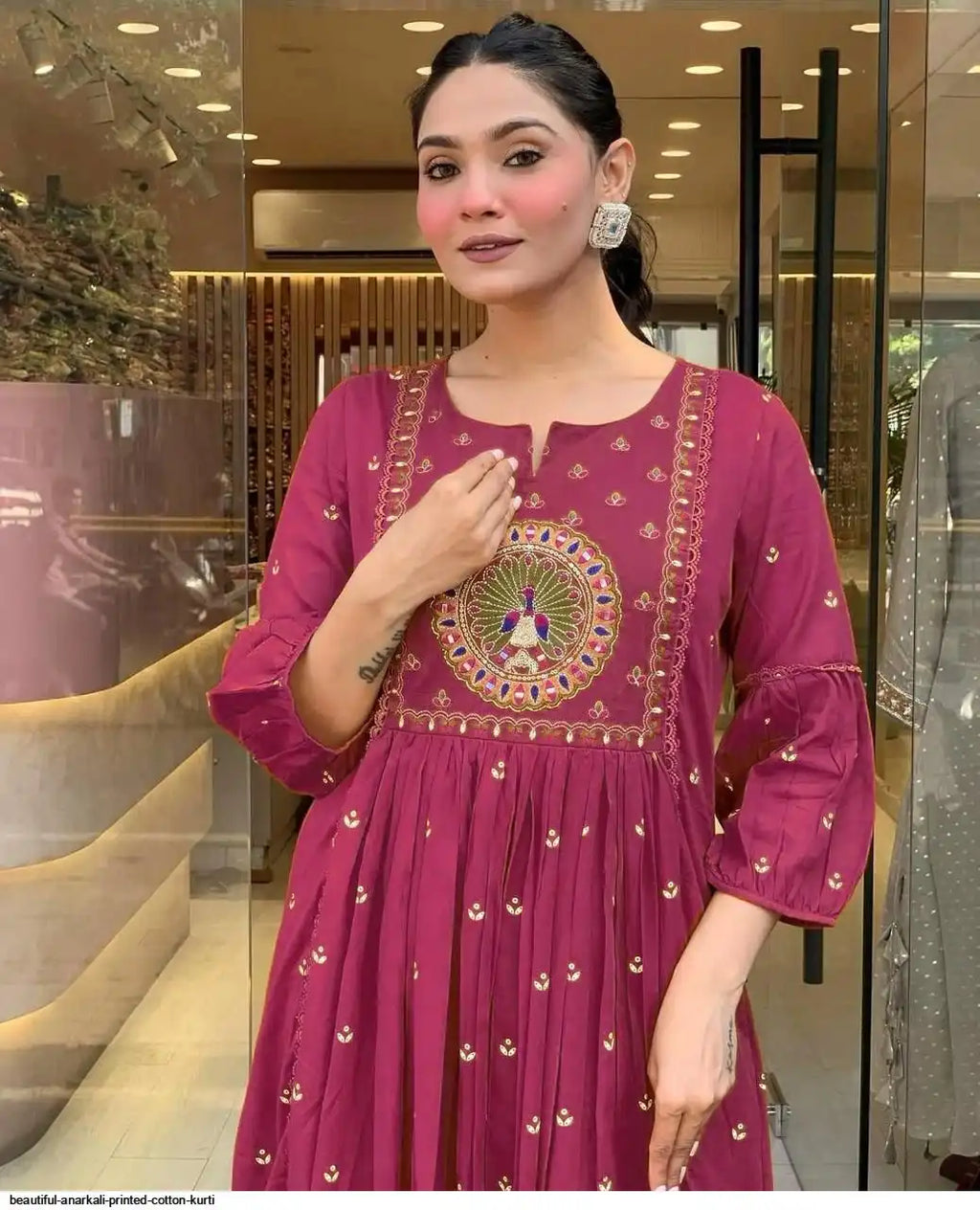 Latest And Trending  Peacock Cotton Printed Anarkali And Pant With Dupatta Set ( Pink )