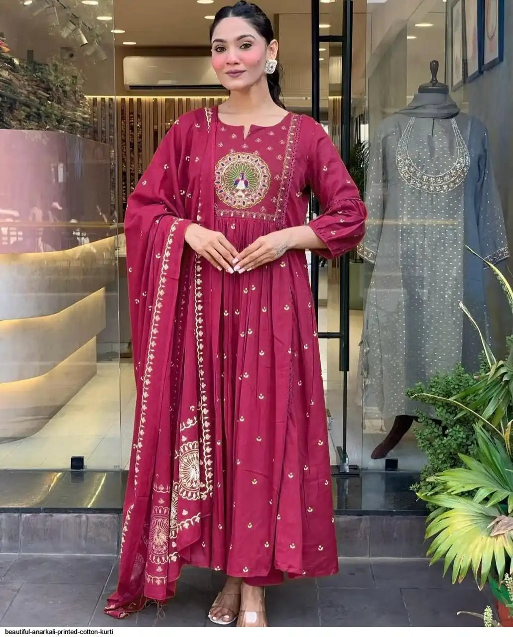 Latest And Trending  Peacock Cotton Printed Anarkali And Pant With Dupatta Set ( Pink )