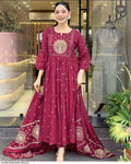 Latest And Trending  Peacock Cotton Printed Anarkali And Pant With Dupatta Set ( Pink )