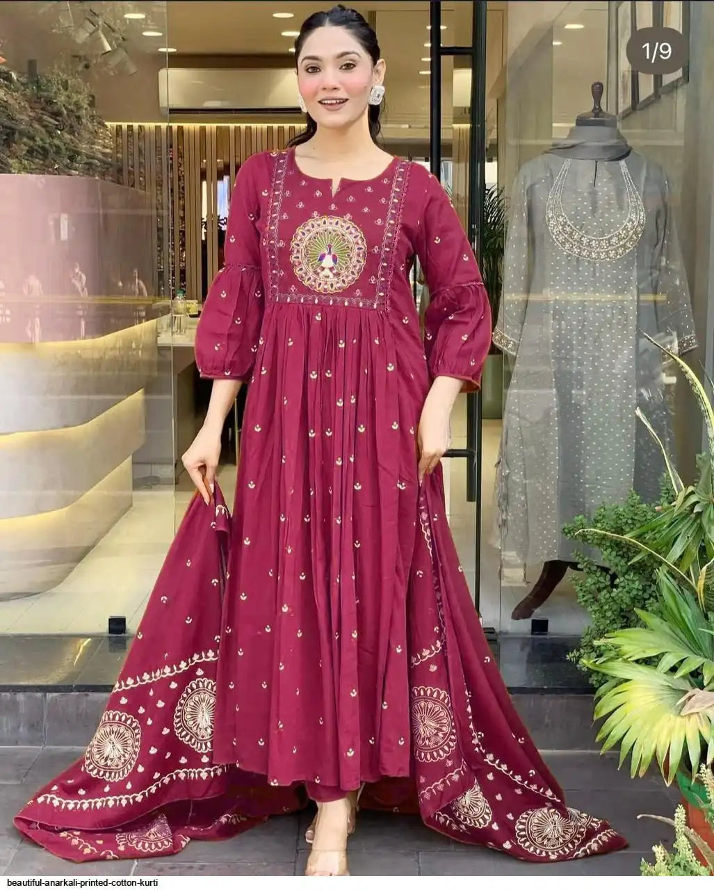 Latest And Trending  Peacock Cotton Printed Anarkali And Pant With Dupatta Set ( Pink )