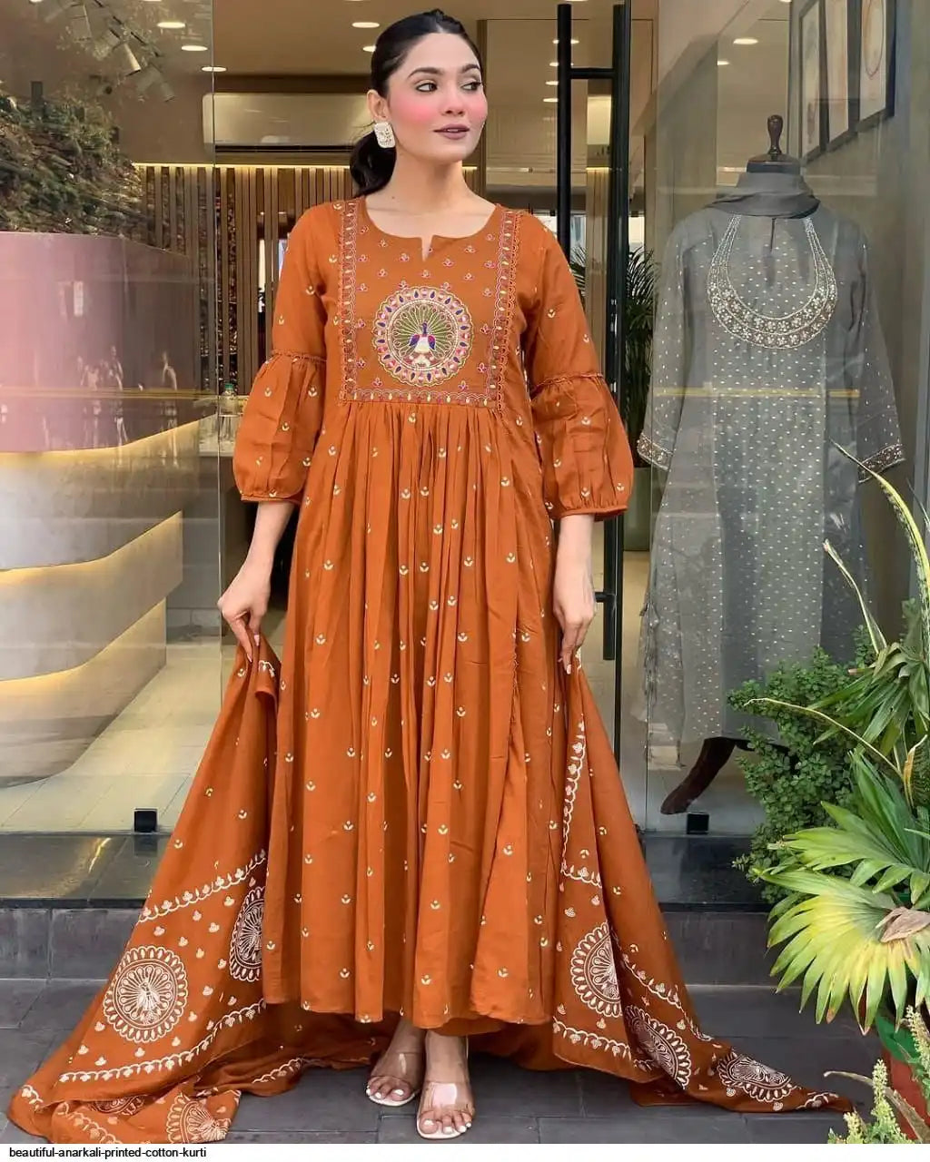 Latest And Trending Peacock Cotton Printed Anarkali And Pant With Dupatta Set ( Orange )