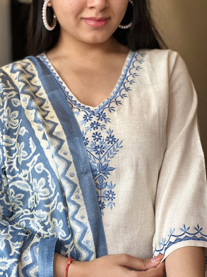 Off White Embroidered Cotton Flex Suit Set With Cotton Silk Dupatta