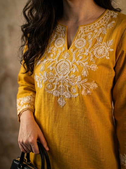 Embroidery Yellow Cotton Kurta Set with Palazzo Pants