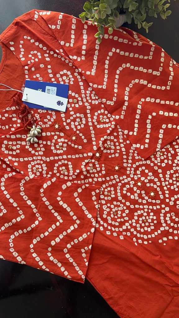 Rust Orange Cotton Bandhani Kurta Set with Dupatta for Women