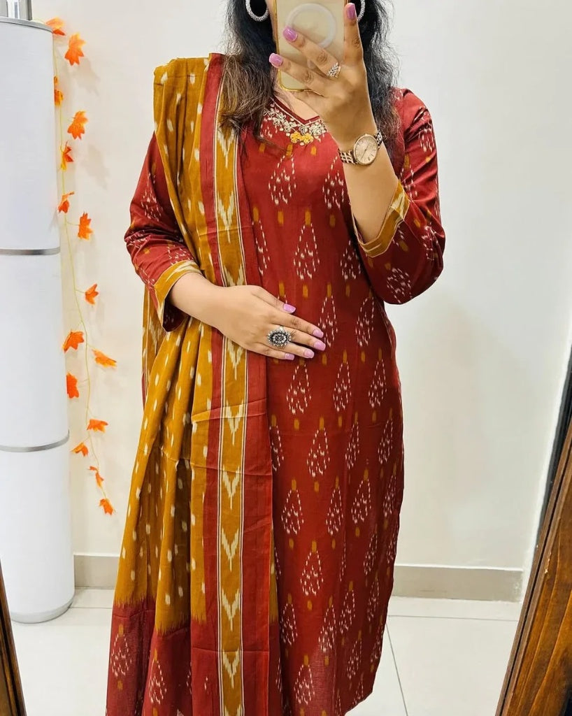 Maroon Mustard Ikkat Print Kurta Set with Dupatta for Women