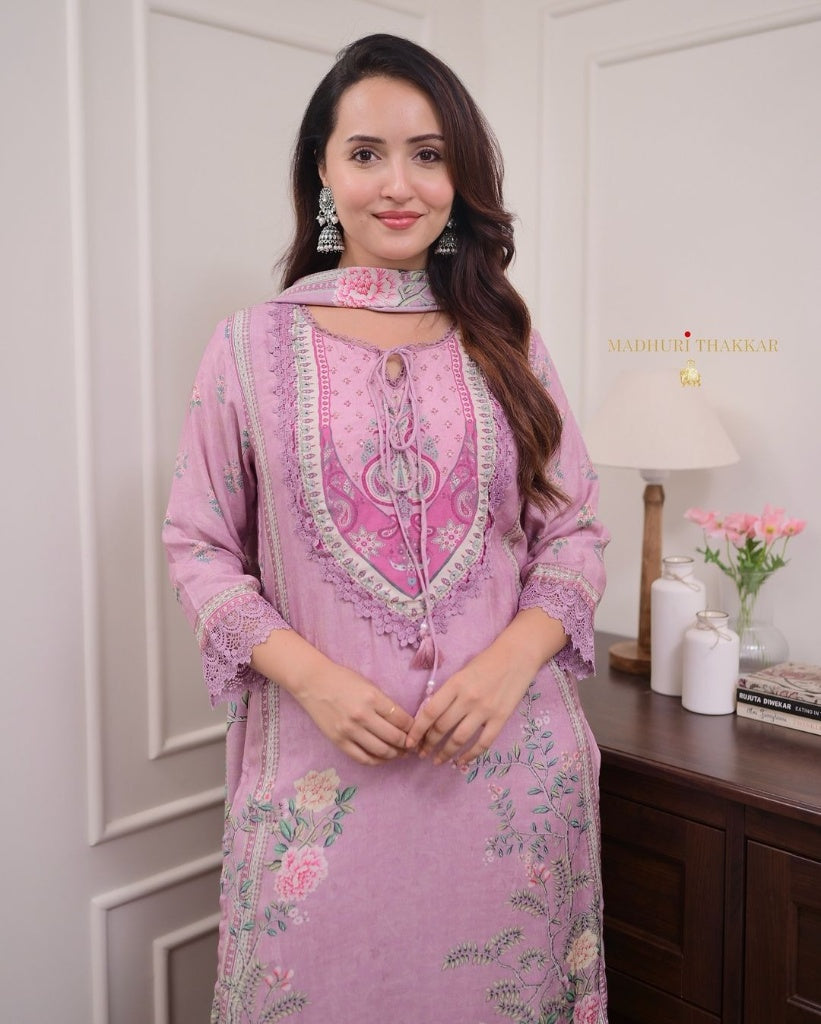 Dreamy Lavender Floral Print Kurta Set with Lace Border & Matching Dupatta