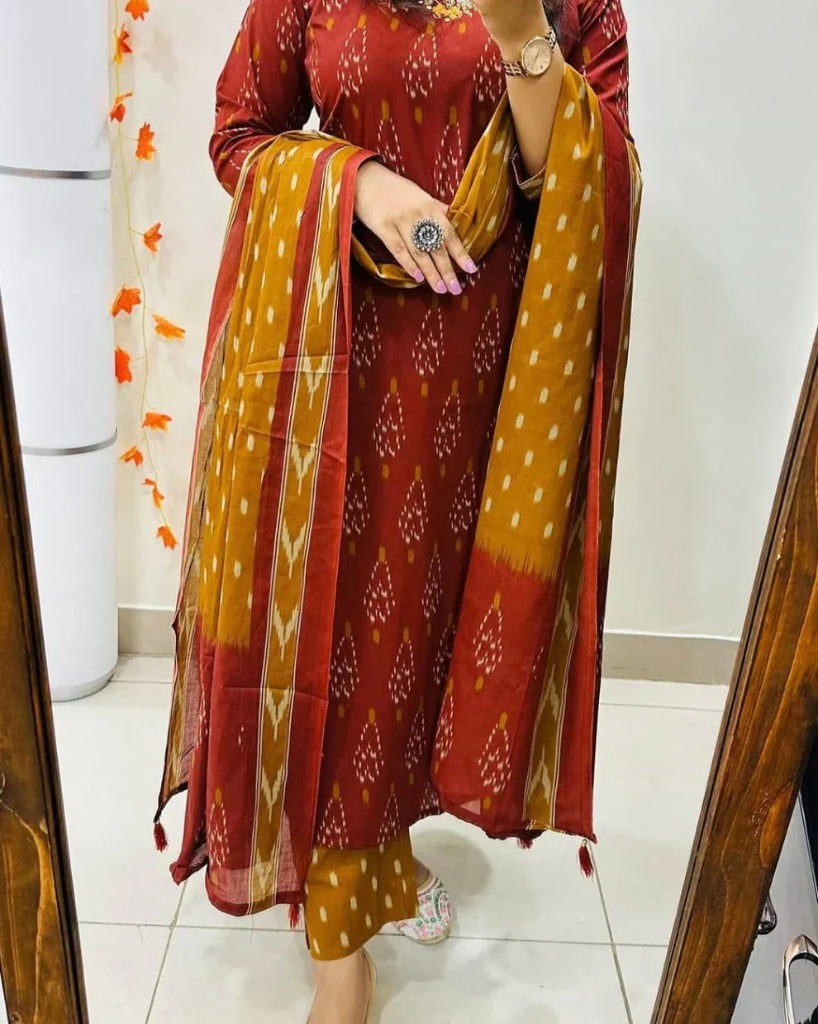 Maroon Mustard Ikkat Print Kurta Set with Dupatta for Women
