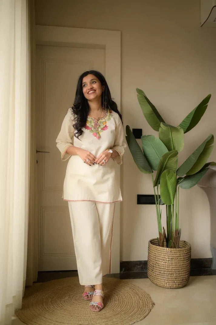 Off-White Embroidered Ethnic Co-ord Set with Tassels