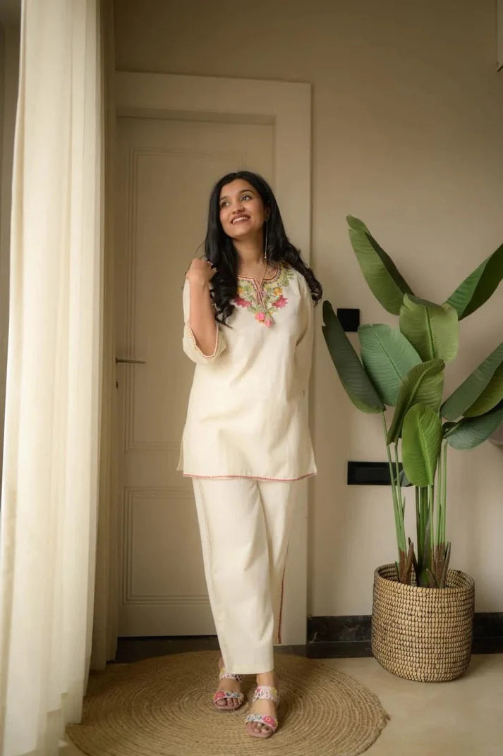Off-White Embroidered Ethnic Co-ord Set with Tassels