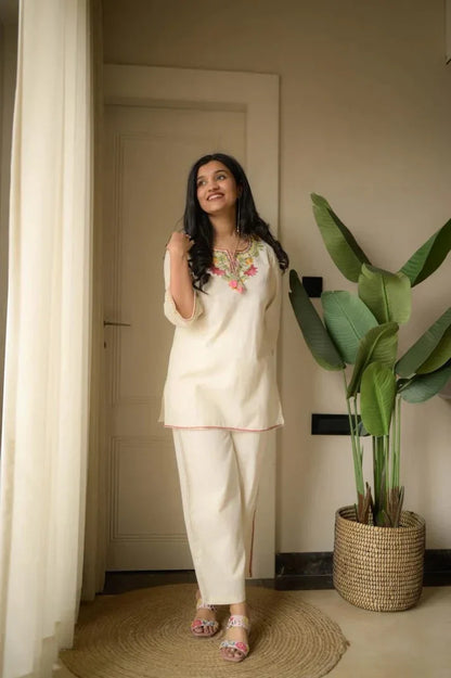 Off-White Embroidered Ethnic Co-ord Set with Tassels