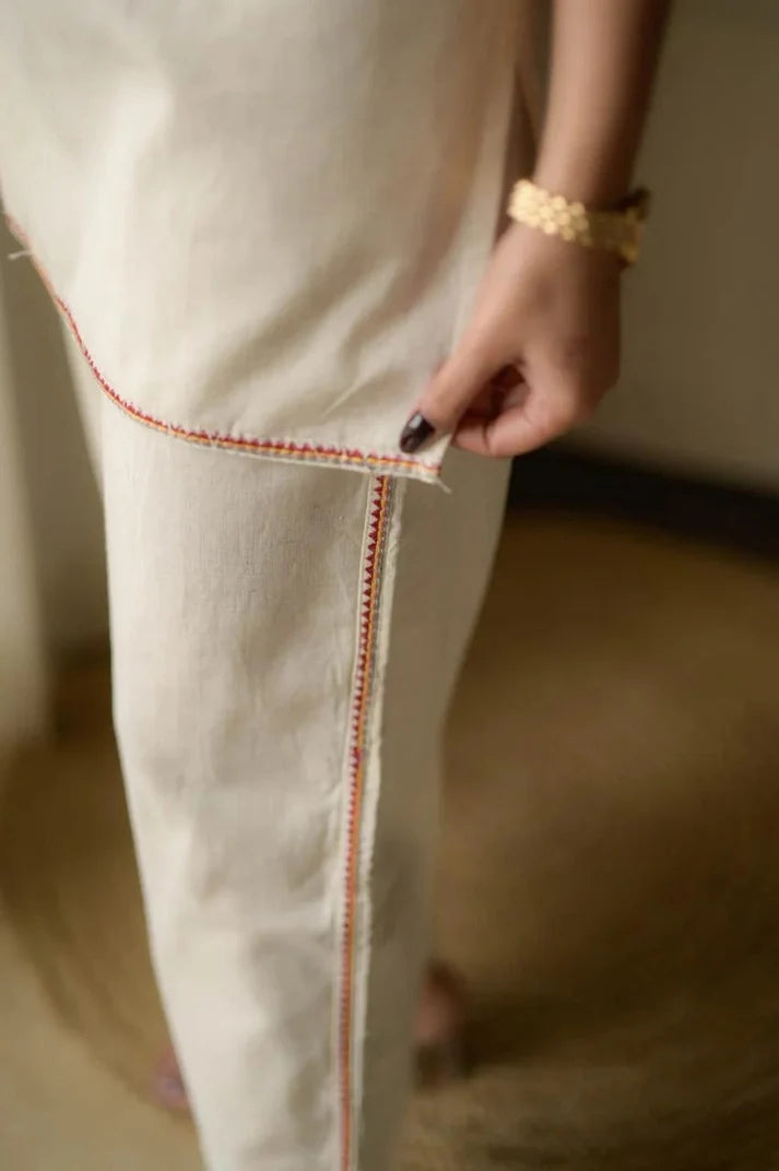 Off-White Embroidered Ethnic Co-ord Set with Tassels