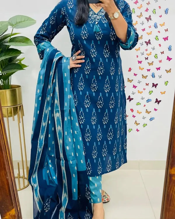 Ikkat Print With Kurti Pant & Dupatta Set For Women( Blue )