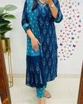 Ikkat Print With Kurti Pant & Dupatta Set For Women( Blue )