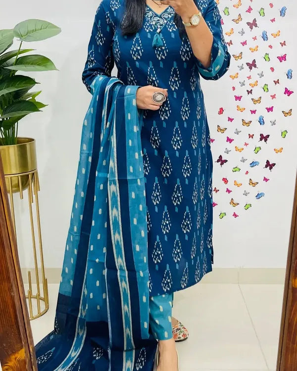 Ikkat Print With Kurti Pant & Dupatta Set For Women( Blue )
