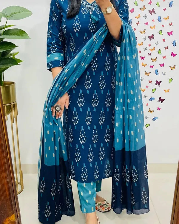 Ikkat Print With Kurti Pant & Dupatta Set For Women( Blue )