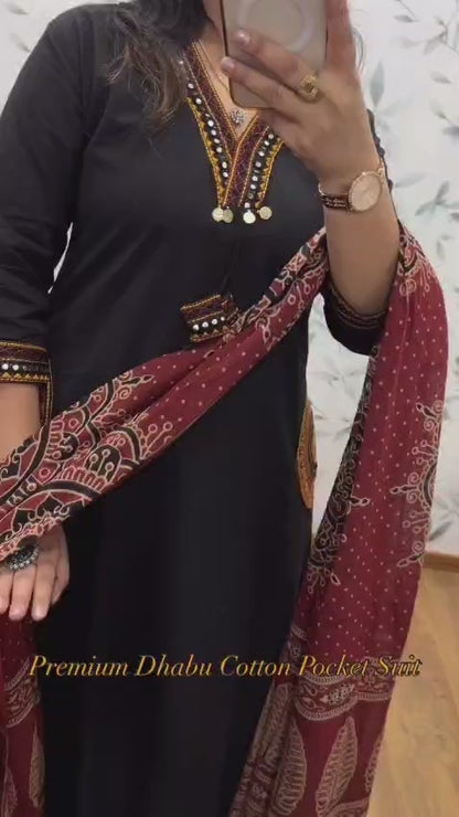 Elegant Black Embroidered Kurta Set with Maroon Ajrakh Print Dupatta for Women