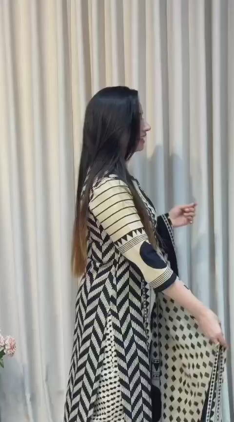 Beige & Red Geometric Print Kurta Set with Coordinated Dupatta