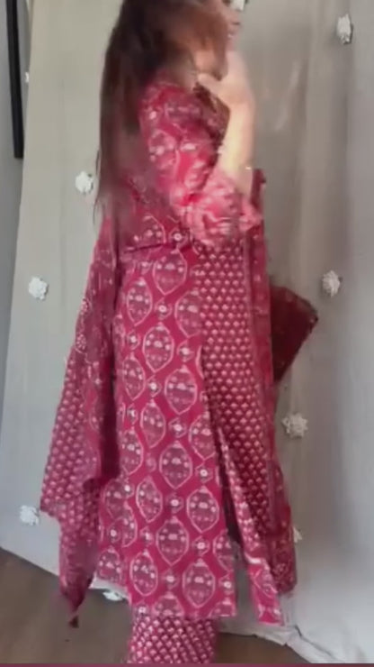 Premium Maroon Printed Anarkali Kurti Pant Set