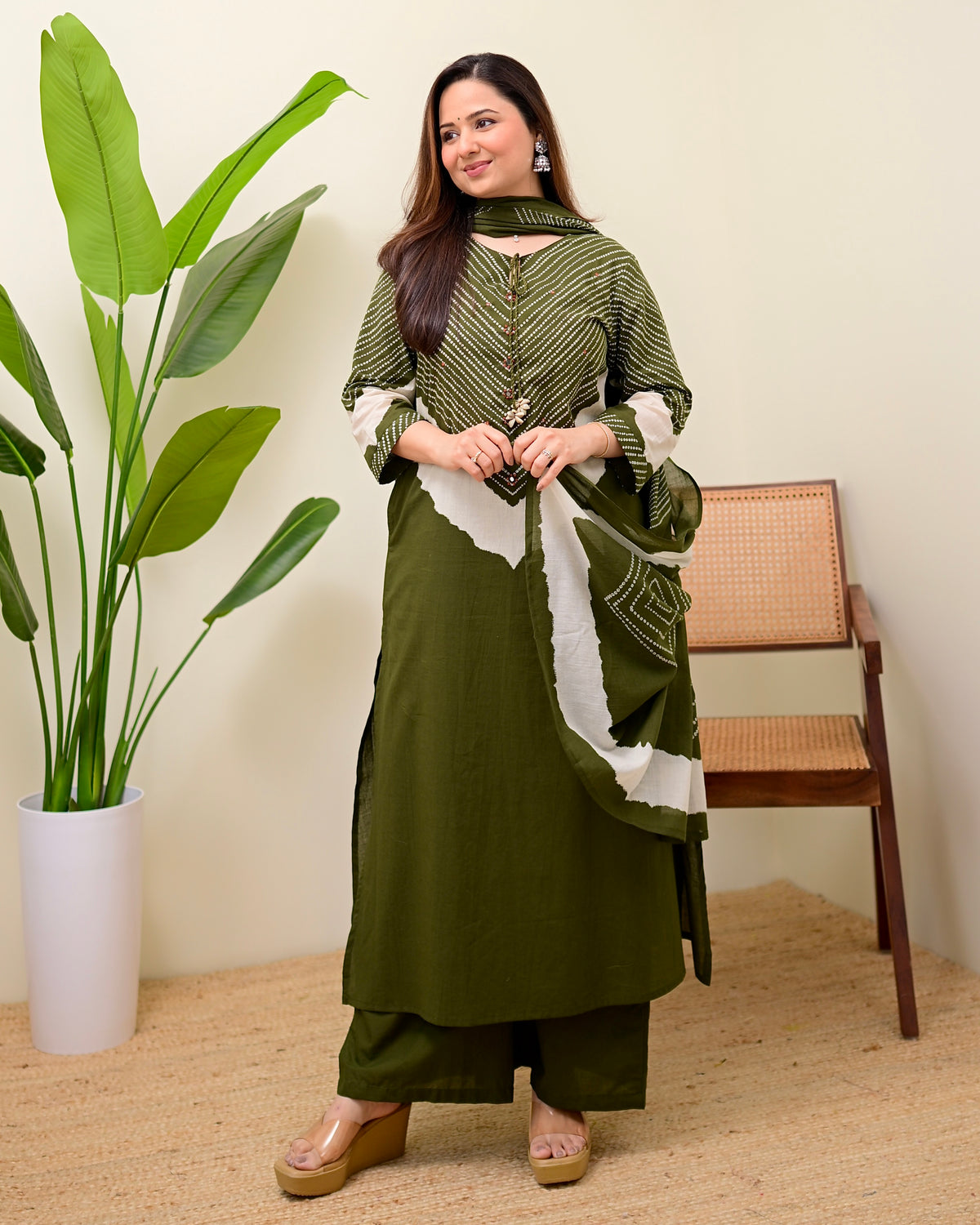Olive Bandhej Aura Cotton Palazzo Suit