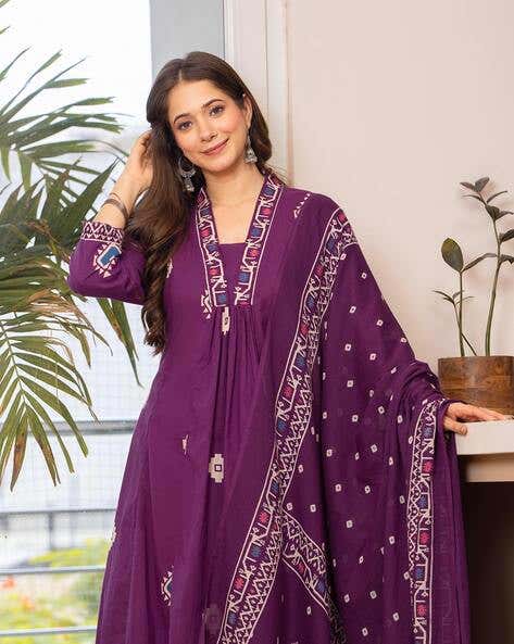 Women Bandhani Printed Cotton Purple Anarkali Kurta With Trousers & Dupatta Set