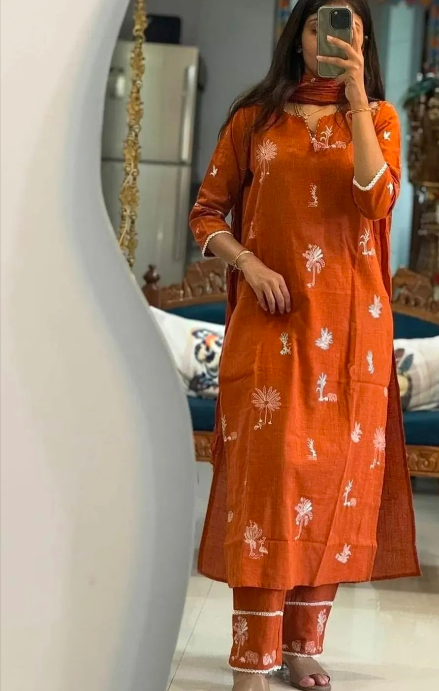 Sunset Glow Straight Suit Set with White Embroidery Accents in Pure Cotton (Linen-like Finish) with Dupatta