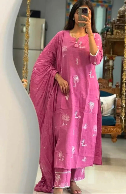 Light pink Straight Suit Set with White Embroidery and Dupatta