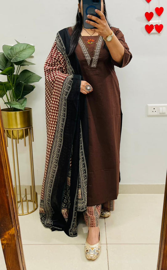 Dabu Cotton Coffee Suit Set with Ajrakh Print Palazzo & Dupatta with Pockets for Women