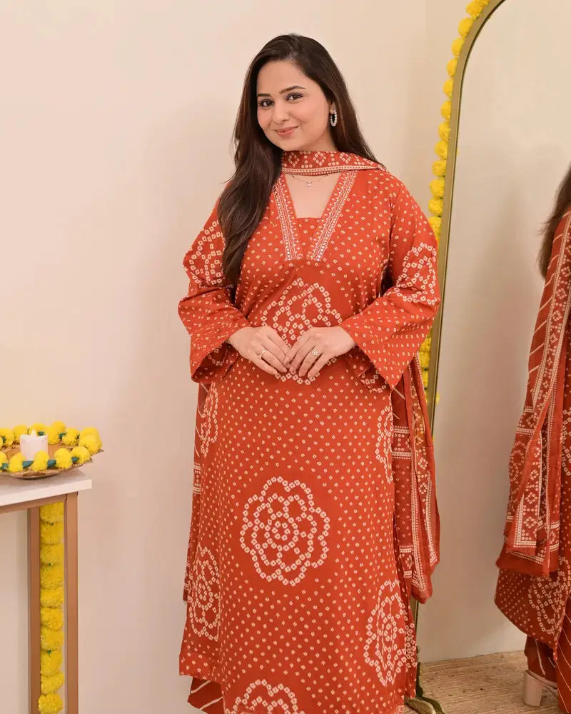 Rust Bandhej Cotton A Line Suit Set