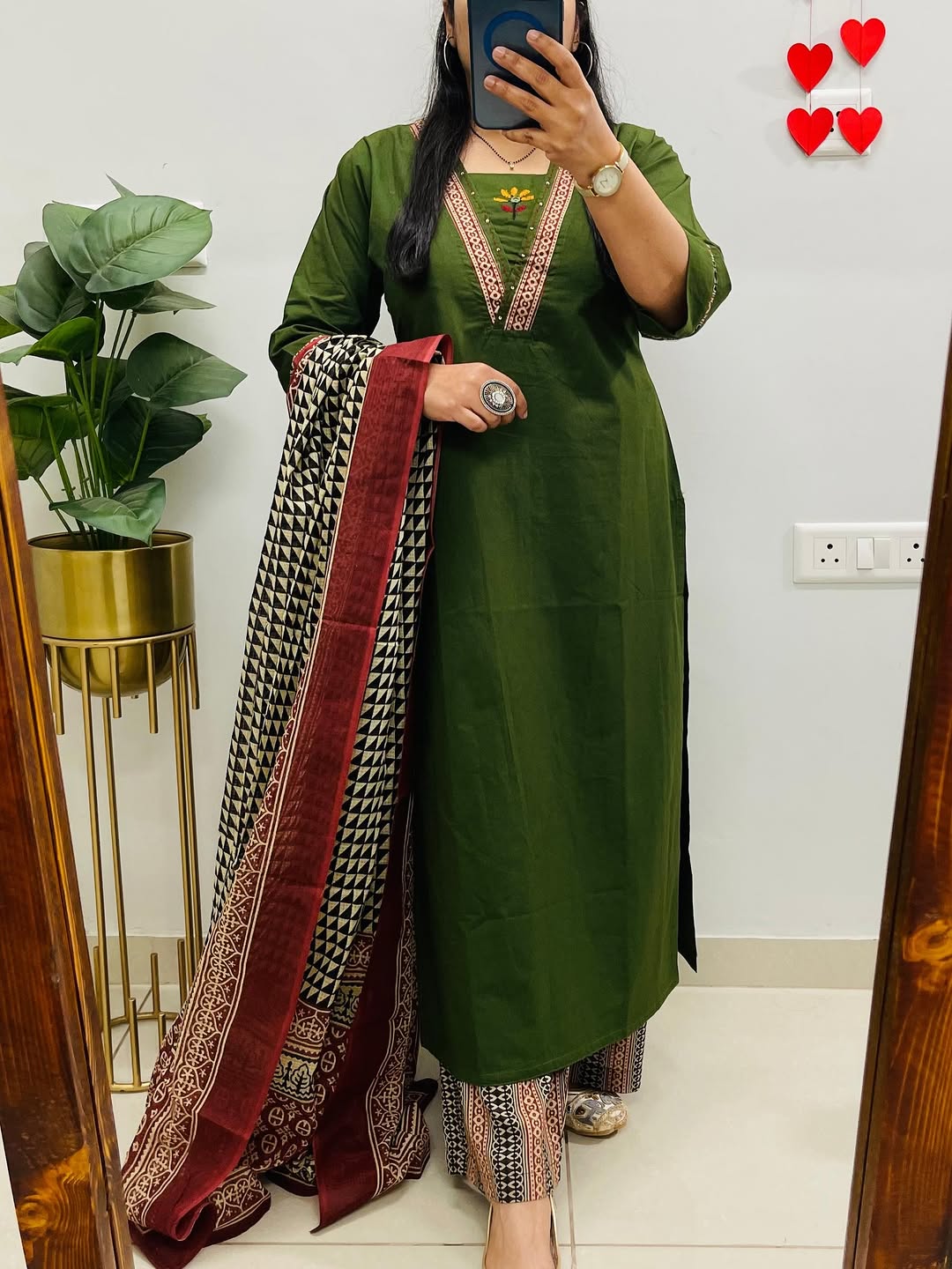 Dabu Cotton Green Kurta Set with Ajrakh Print Palazzo & Dupatta for Women