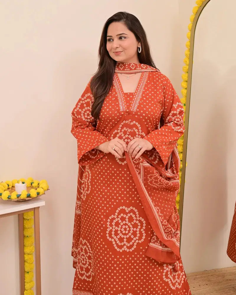 Rust Bandhej Cotton A Line Suit Set