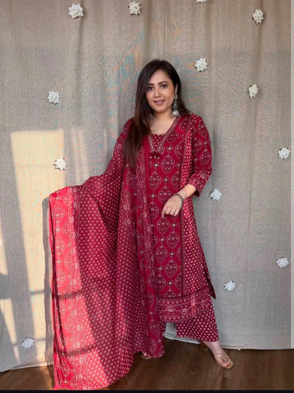 Premium Maroon Printed Anarkali Kurti Pant Set