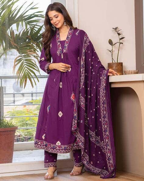 Women Bandhani Printed Cotton Purple Anarkali Kurta With Trousers & Dupatta Set