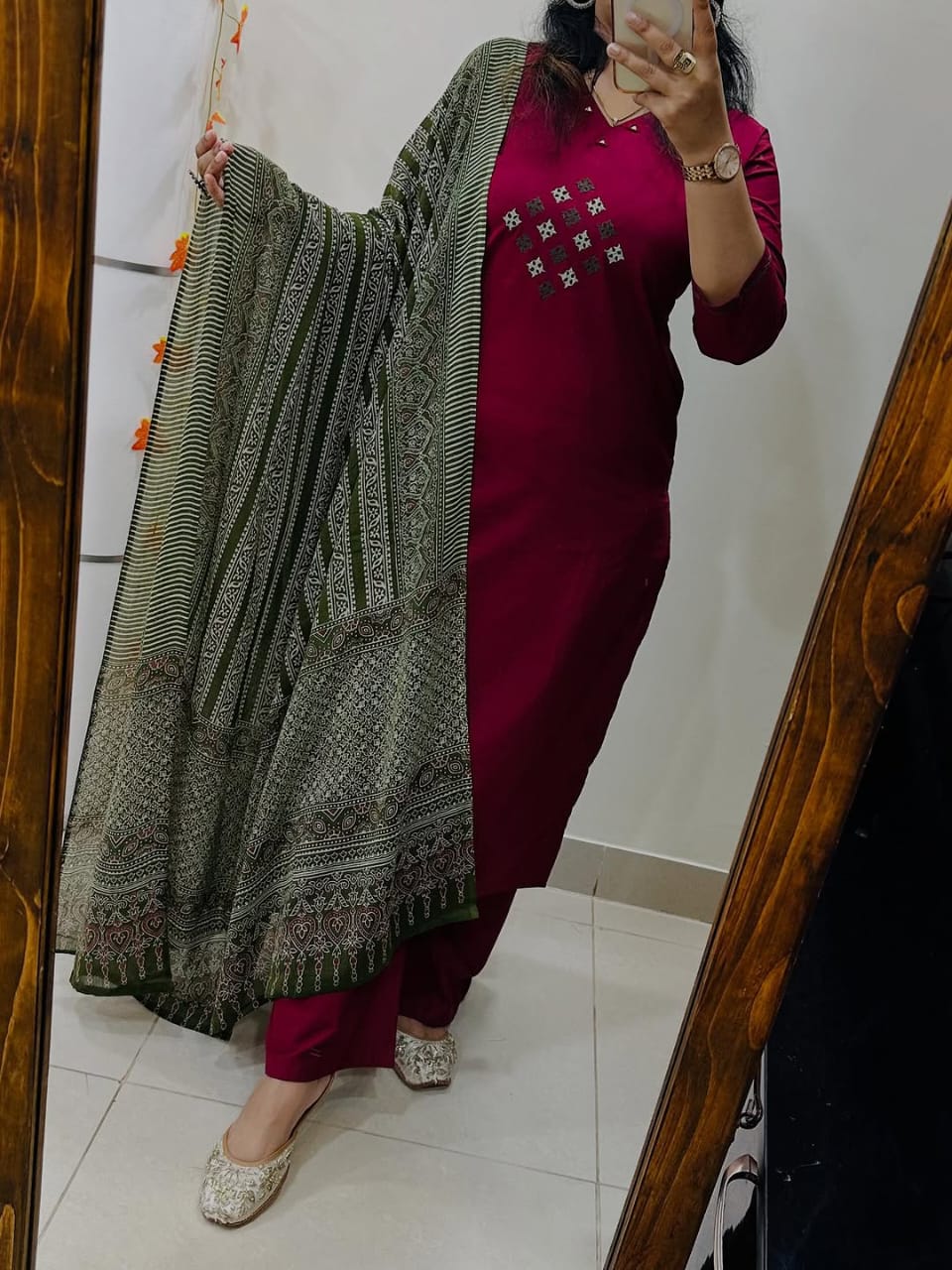 Classic Maroon Straight Kurta Set with Kalamkari Dupatta & Palazzos for Women