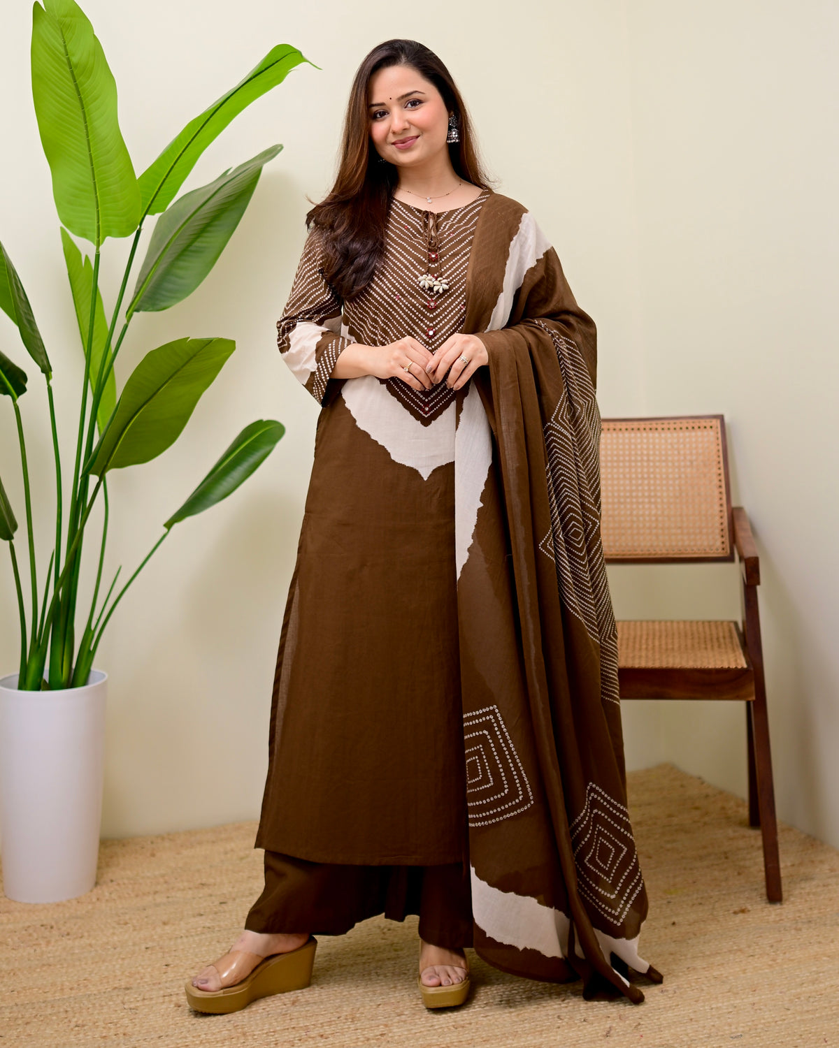 Mocha Bandhej Bloom Cotton Palazzo Suit