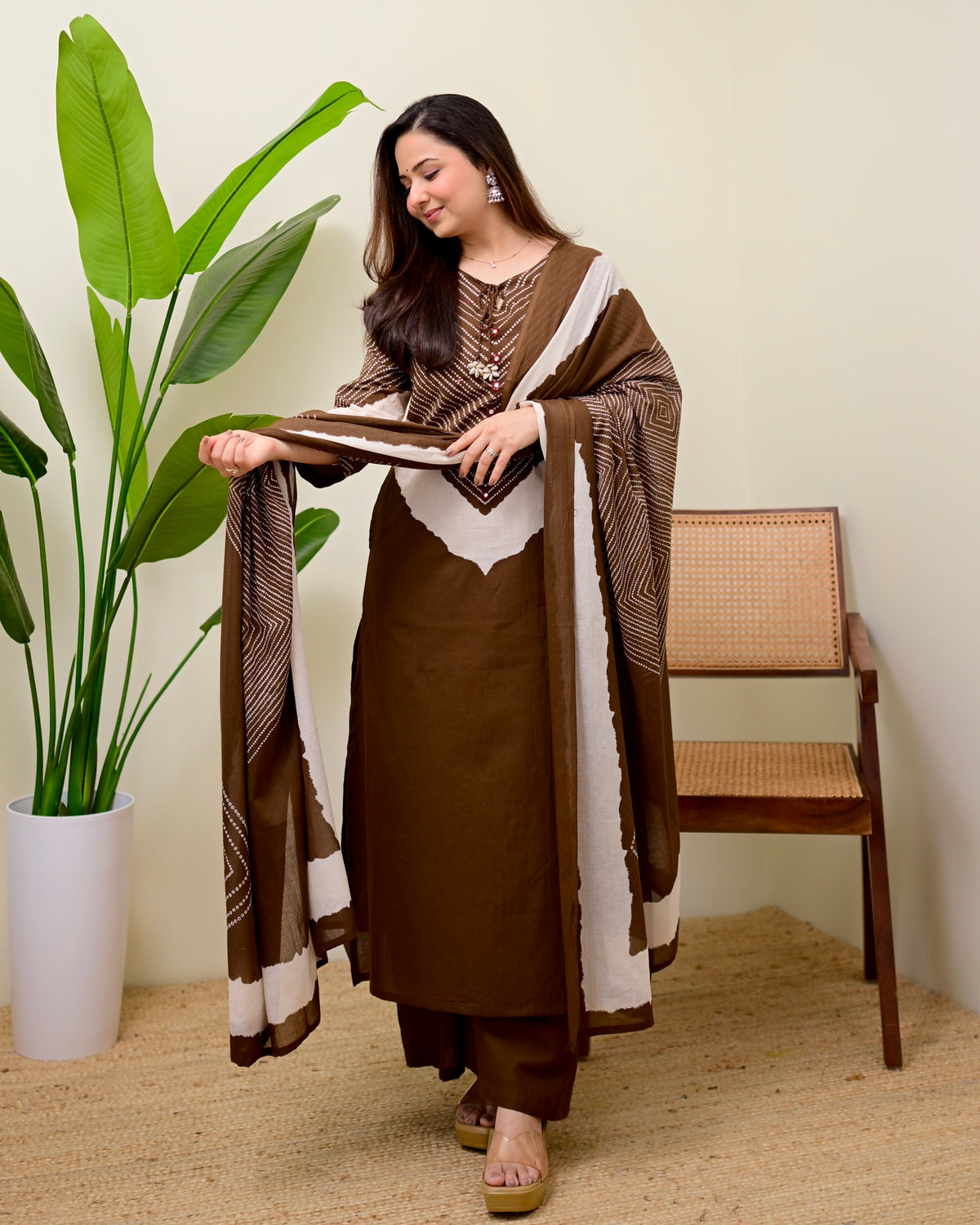 Mocha Bandhej Bloom Cotton Palazzo Suit