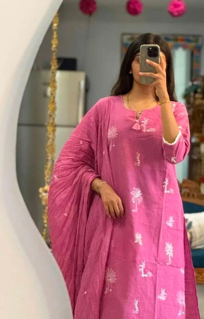 Light pink Straight Suit Set with White Embroidery and Dupatta
