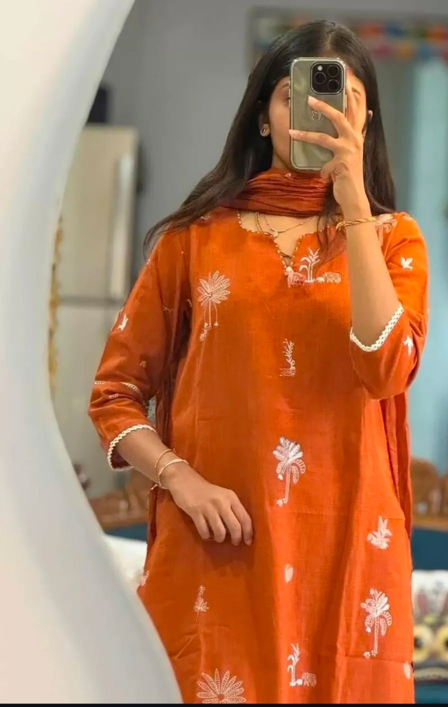 Sunset Glow Straight Suit Set with White Embroidery Accents in Pure Cotton (Linen-like Finish) with Dupatta
