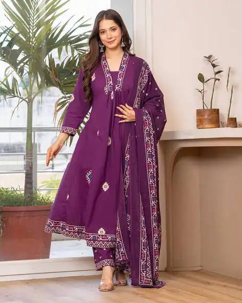 Women Bandhani Printed Cotton Purple Anarkali Kurta With Trousers & Dupatta Set