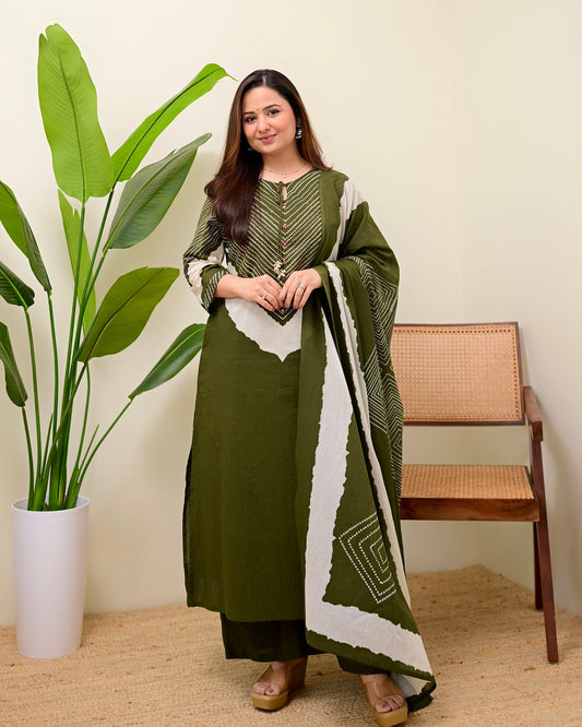 Olive Bandhej Aura Cotton Palazzo Suit