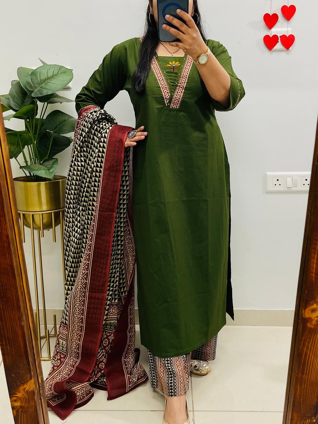 Dabu Cotton Green Kurta Set with Ajrakh Print Palazzo & Dupatta for Women