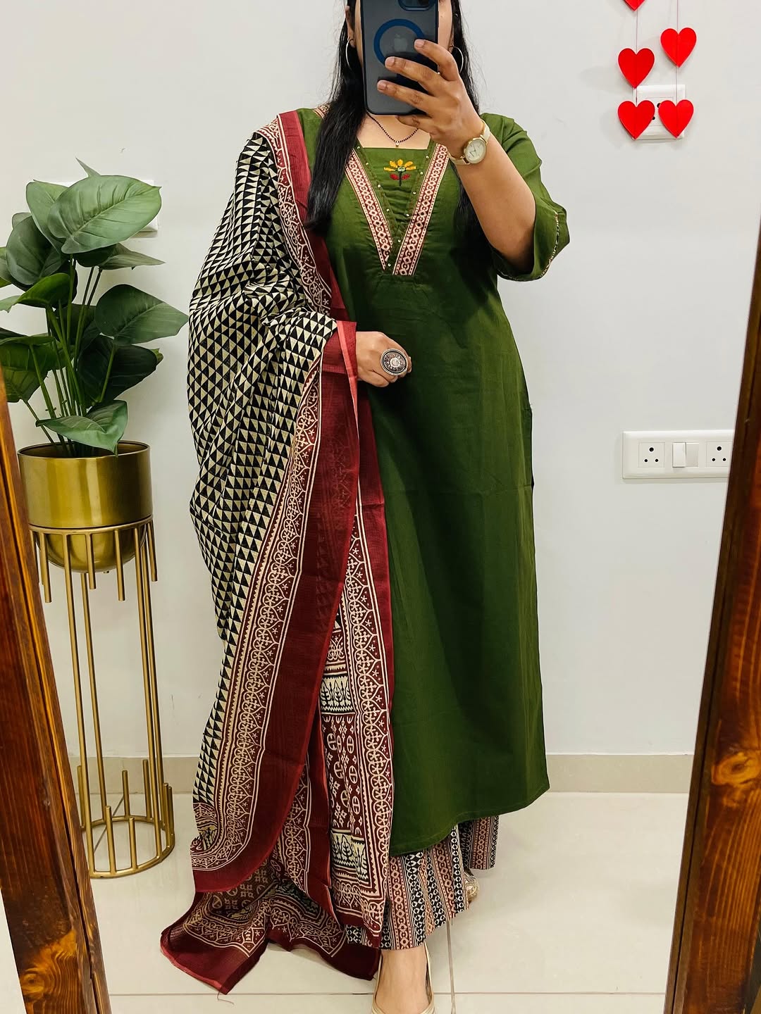 Dabu Cotton Green Kurta Set with Ajrakh Print Palazzo & Dupatta for Women